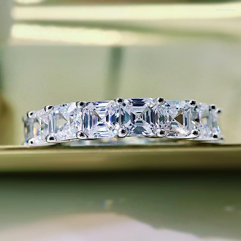

Cluster Rings Fine Jewelry 925 Solid Sterling Silver Asscher Princess Cut 4MM Cubic Zirconia Eternity Wedding Band Ring For Women