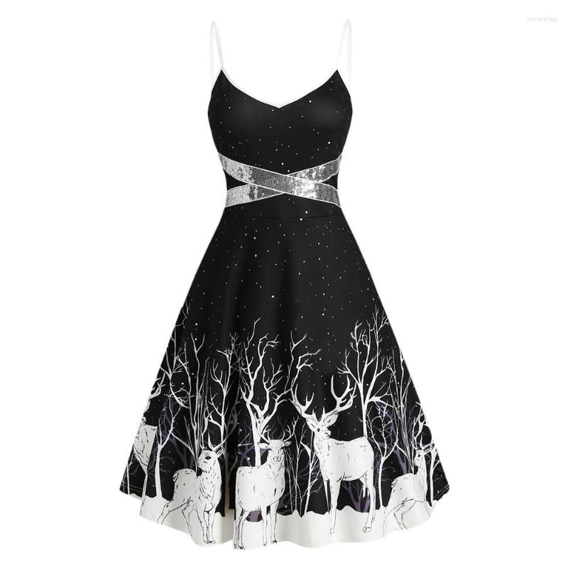 

Casual Dresses Sequined Reindeer Print Flared Spaghetti Strap Tree High Waist Cami Dress Mid-Calf Sleeveless A-Line -3XL Women Robe For, Black