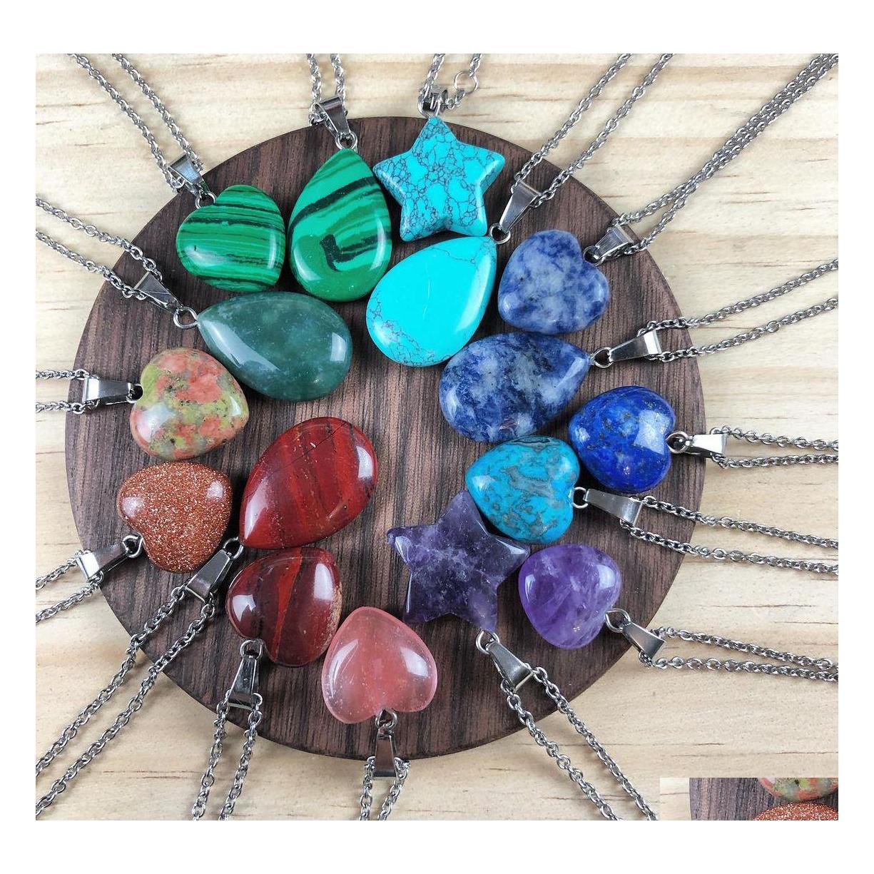 

Pendant Necklaces Natural Stone Druzy Drusy Necklace Black Pu Chain Stainless Steel Chainhexagonal Prism Cross Heart Star For Women Dheoh
