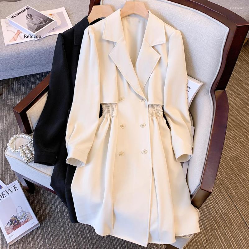 

Women's Suits Woman Long Blazer Dress Temperament Notched Sleeve Elastic Waist Folds Lady Slim Double Breasted Coat Fall, Black