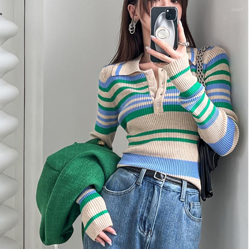 

Women's T Shirts 2023 Autumn For Women Crop Tops Korean Style Retro Screw Thread Polo Collared T-Shirt Knitting Long-sleeved Elastic Tee, Apricot