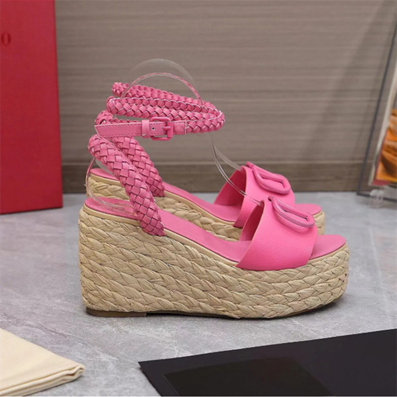 

high quality platform Sandals Straw woven wedge ankle strap chunky heels block Heel 110mm Open toe toe dress shoe Women Luxury Designers Sandal, As pic