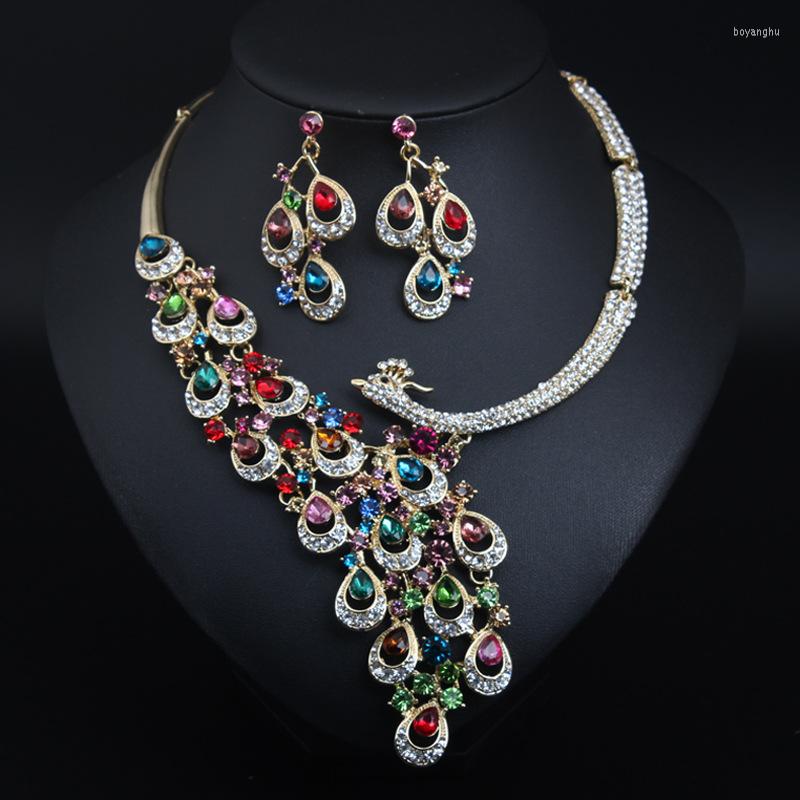 

Choker Luxury Gold Rhinestone Peacock Bridal Jewelry Sets Silver Plated Crystal Statement Necklace Earrings Wedding Set
