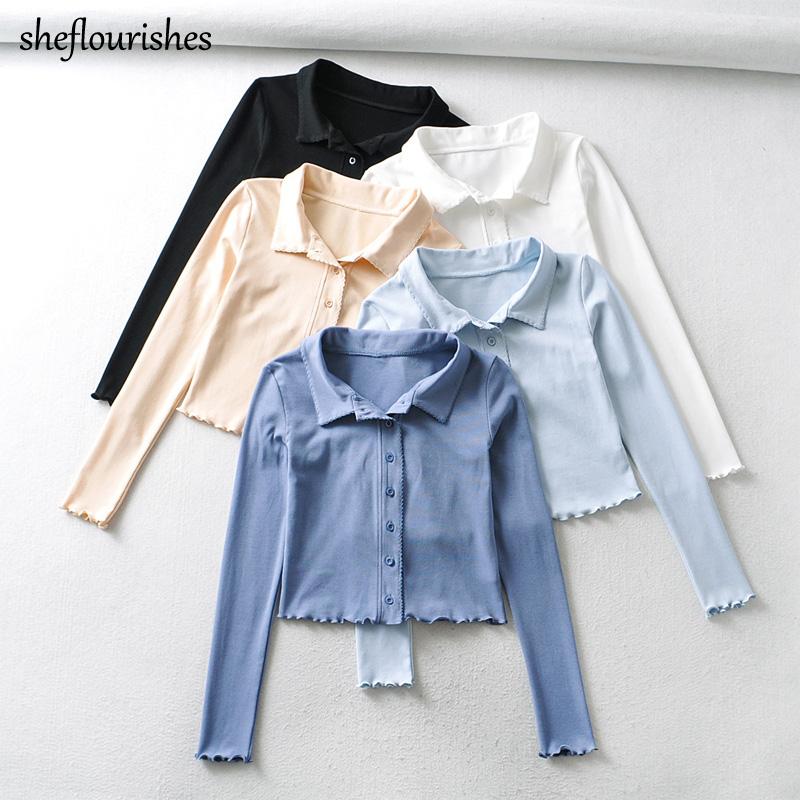 

Women's T Shirts Elegant Shirt Women Knitted Fall Long Sleeve Office Lady Turn Down Collar Korean Button Up Ruffle, Black