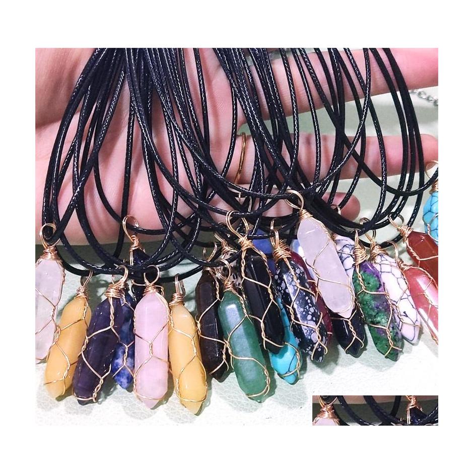

Pendant Necklaces Natural Stone Gold Wire Wrap Crystal Necklace Hexagon Prism Amethyst Rose Quartz Pendum Chakra Healing Jewel Vipje Dh7Cm
