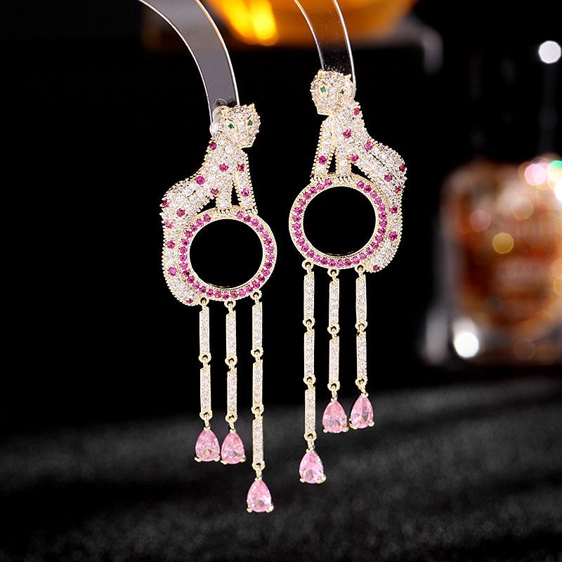 

Dangle Earrings & Chandelier European And American Fashion Fun Animal Japan South Korea Micro-Set Gem Long Tassel Circle Leopard Ear Jewelry