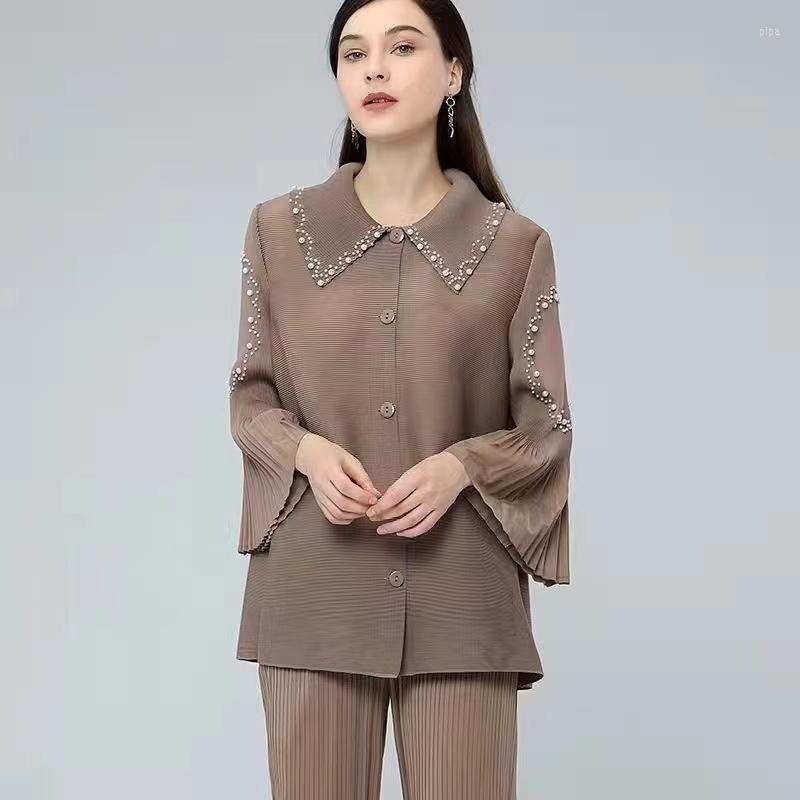 

Women's Polos Miyake Pleated Short Jackets Spring And Autumn Button Slimming Age-Reducing High-End Casual Tops For Woman, Khaki