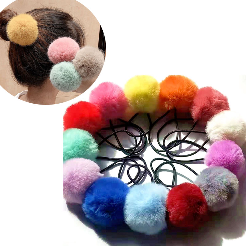 

20pcs/ Furling Girl Faux Rabbit Fur Pompoms Rubber Elastic Hair Bands Soft Hand Made Ball Hair Scrunchies Hair Accessories, Lt green