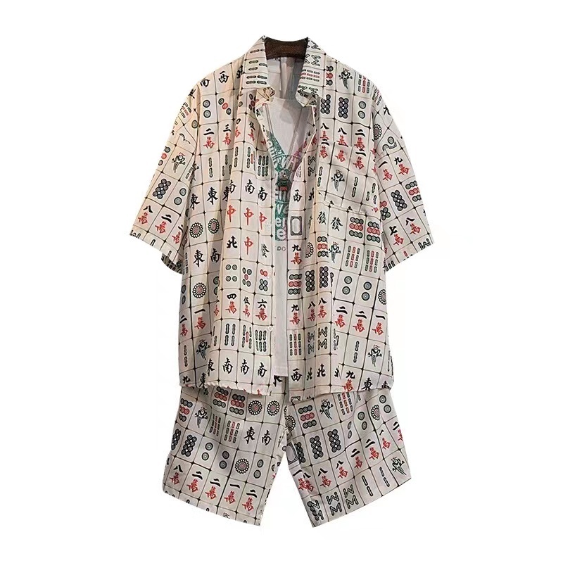 

Women s Two Piece Pants 2 pieces sets Mahjong Print Men Women Turn down Collar Shirts Shorts Summer Casual Short Sleeve Hawaiian Beach Suits 230217