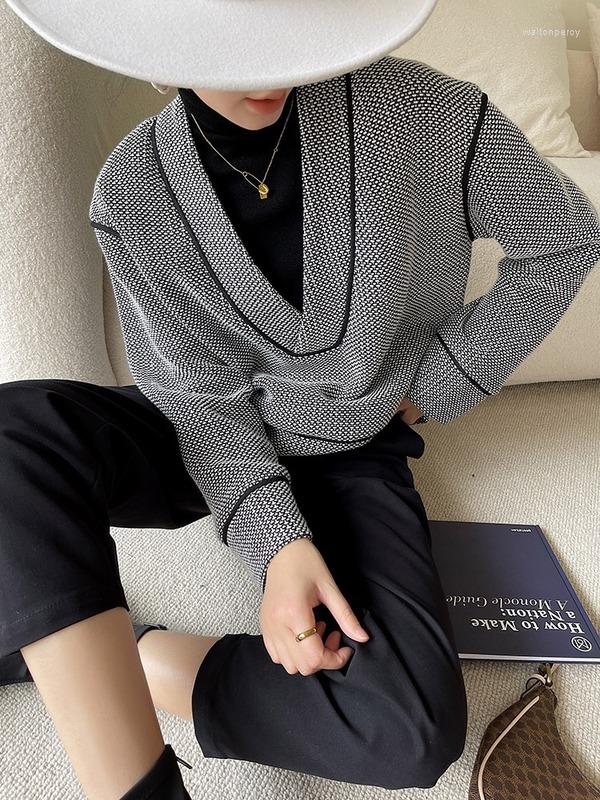 

Women' Sweaters V Neck Sweater Retro Loose Casual Contrast Color Long Sleeve Pullover 2023 Spring Womens, Gray
