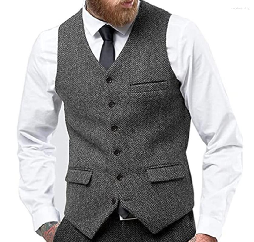 

Men's Vests Grey Burgundy Herringbone V-Neck Vest With 6 Buttons Men'S Wedding Clothing Dinner Party Wear Waistcoat Tailored Costume, Beige