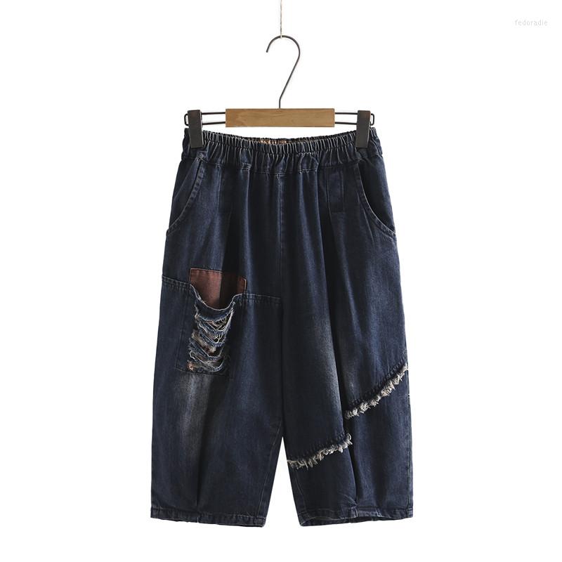 

Pants Plus Size Jeans Women Wear Holes On The Right Knee Left Leg Stitching Twill Trim Large For Under 220 Pounds Fatwomen, Navy blue