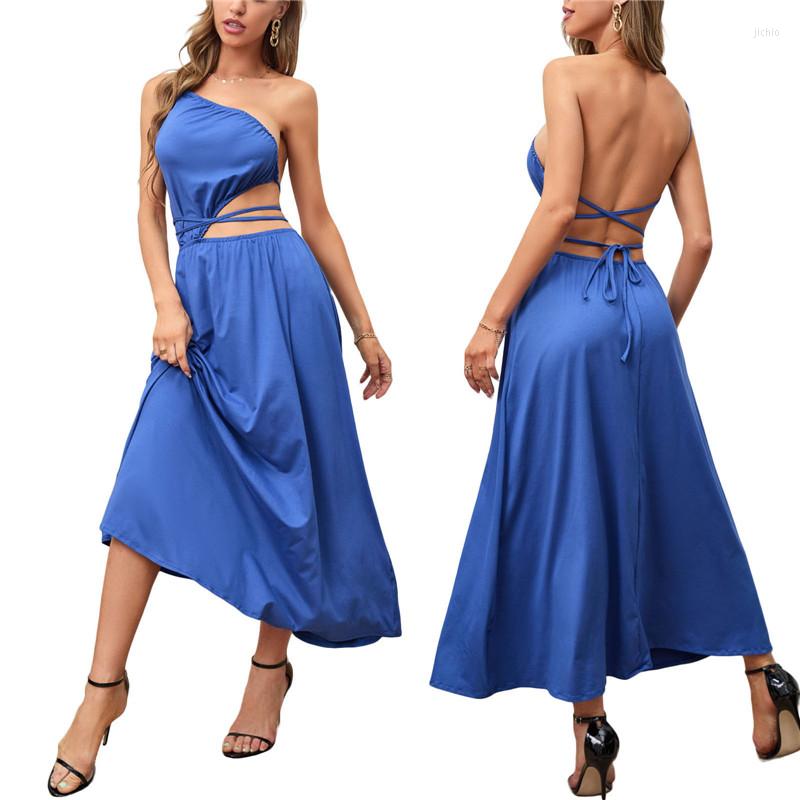 

Casual Dresses Women A-line Dress Sexy Low Cut Elastic Waist Out Backless Sleeveless Solid Color Ankle Long Elegant Party