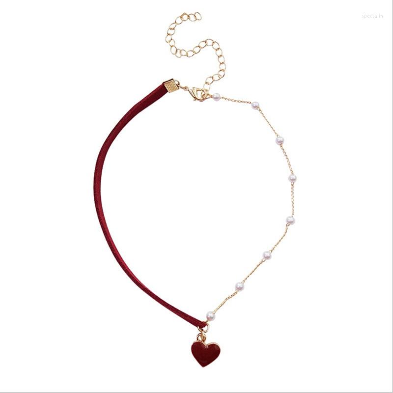 

Choker Women Leather Pearl Stitching Necklace Red Heart Chokers Korean Jewelry