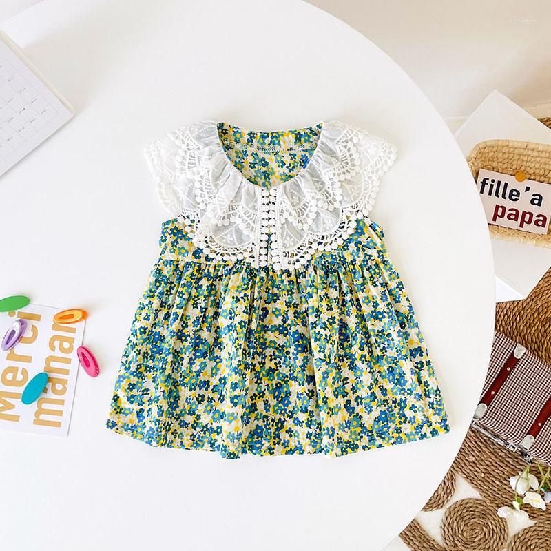

Girl Dresses 2023 Summer Baby Clothes Lace Lapel Sleeveless Floral Dress For Girls, Green