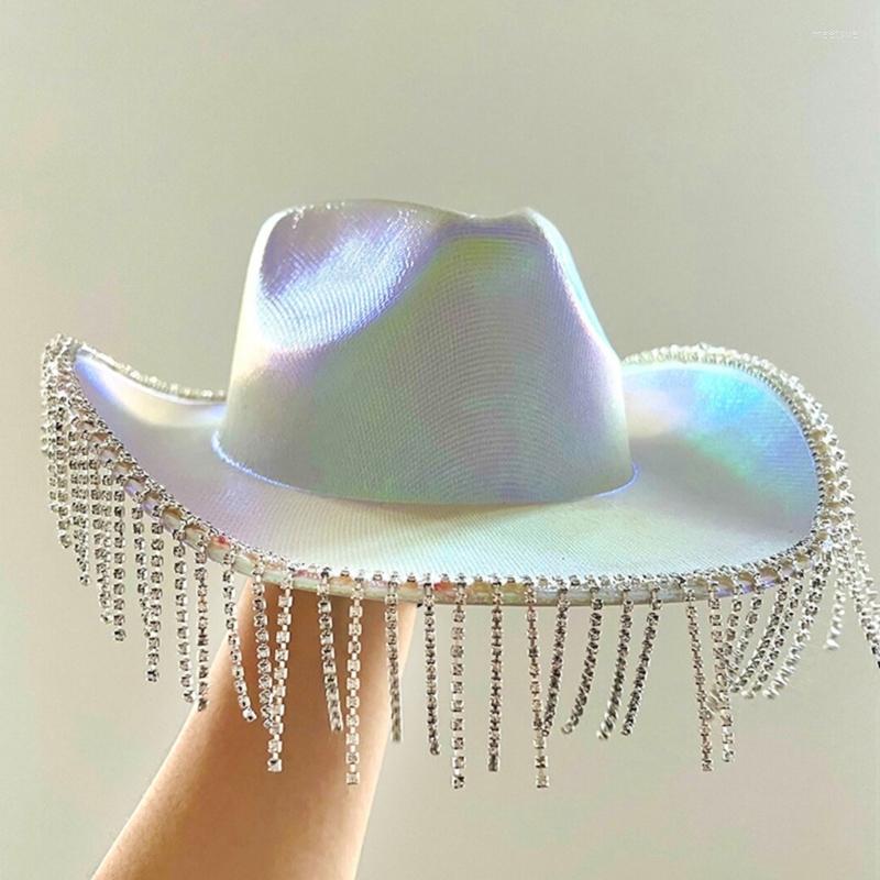 

Berets Space Cowgirl Hat Rhinestones Fringe Tassle Rave Hats For Halloween Dress Up Cosplay Party Costume Accessories H7EF, White