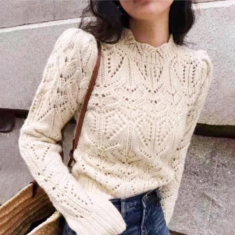 

Women' Sweaters Women Knit Sweater Stand Collar Three-Dimensional Hollow-Out Spring 2023 Temperament Knitwear Pullover Long Sleeve Lady Top