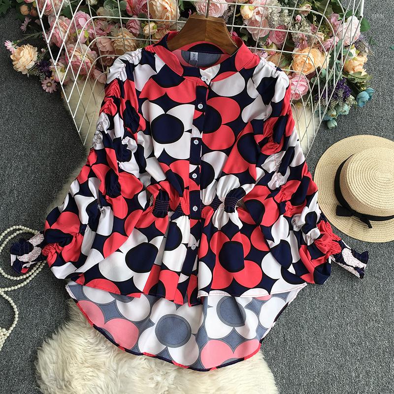 

Women's Blouses VANOVICH Korean Style Waist Slim Folds Pile Up Sleeves Stand Collar Shirt Temperament Fashion Print Casual Single Breasted, Green