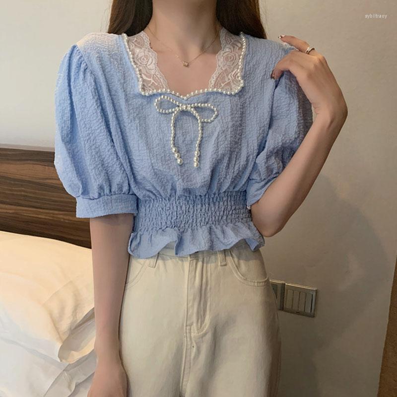 

Women's Blouses Vintage White Pearl Beading Shirts Korean Square Collar Cropped Tops Patchwork Puff Sleeve Lace Blouse Women Blusas Mujer, Black