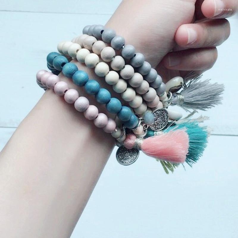 

Strand DM Wood Beads Bracelets For Women Bohemian Shell Tassel Ladies Charm Bracelet Femme Boho Jewelry Armbanden Voor Vrouwen Pulseras