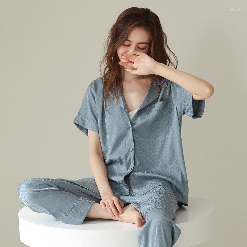 

Women's Sleepwear -XXL Polka Dot 2PCS Women Pajamas Sets Summer Short Sleeve Shirt&Pant Pyjamas Suit Lounge Satin -Nightwear Home Wear, Color 1