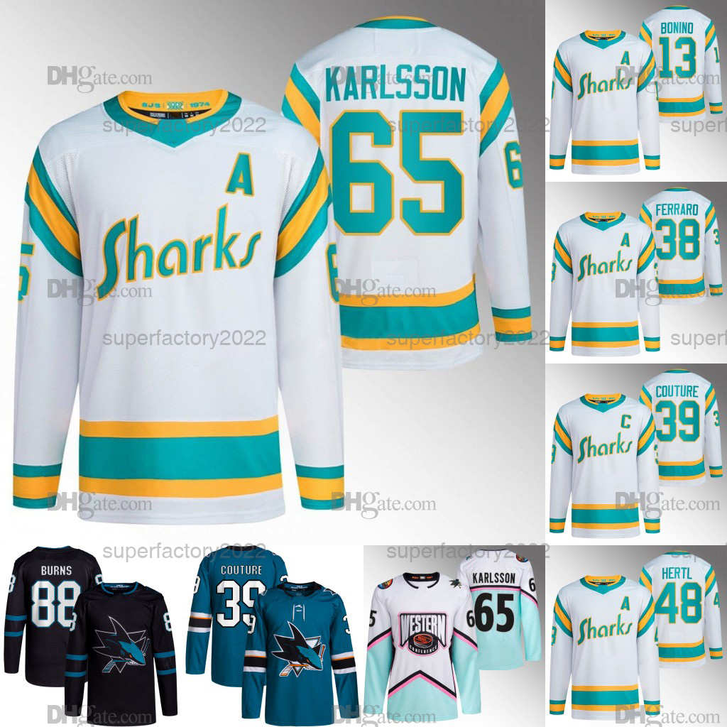 

65 Erik Karlsson San 2022-23 Reverse Retro Jersey Jose Sharks Logan Couture Timo Meier Aaron Dell Nick Bonino Kaapo Kahkonen Matt Benning Oskar Lindblom Jaycob Megna, Mens 2023 reverse retro jerseys