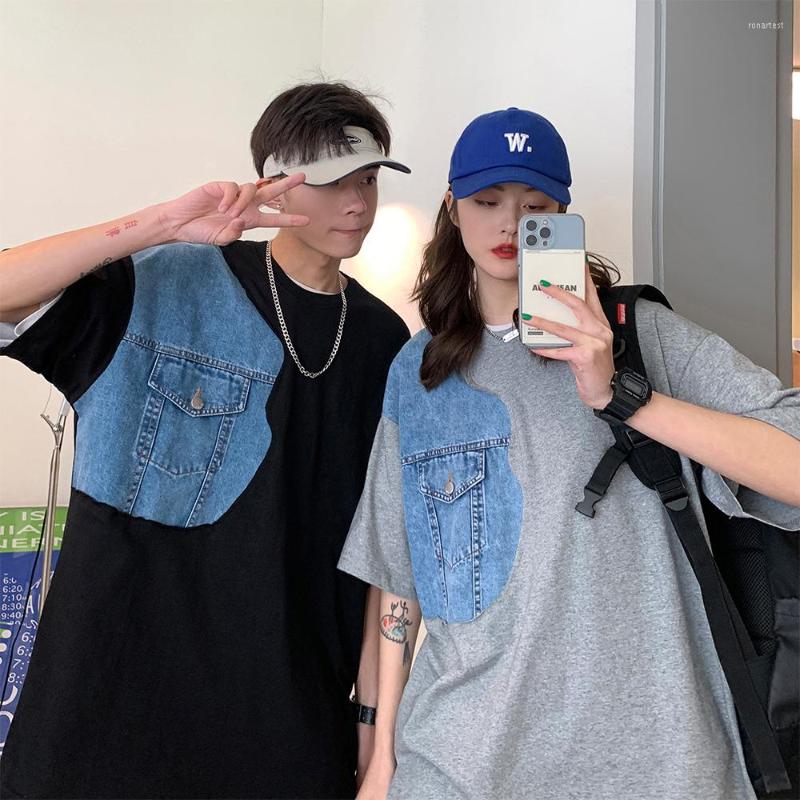 

Men' T Shirts Summer Port Style Men' And Women' Denim Splicing Color Matching Short Sleeved T-shirt Loose Casual Half Couple Wea, Black