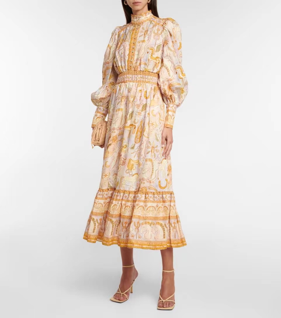 

Womens dress australian designer Gathered Waist stand collar lantern Sleeve Printed vintage dress, Beige