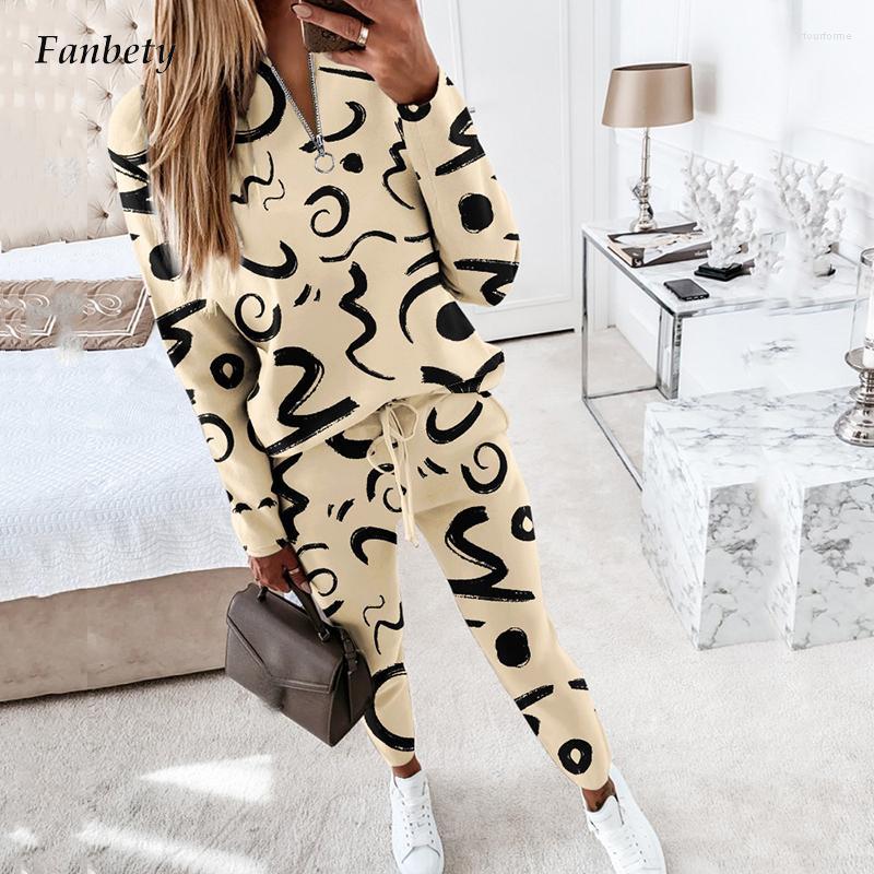 

Women's Two Piece Pants Fashion V-neck Zip Sweatshirt & Tie-up Pant Suit Vintage Pattern Print Loose 2Pc Set Women Casual Long Sleeve, 02 beige