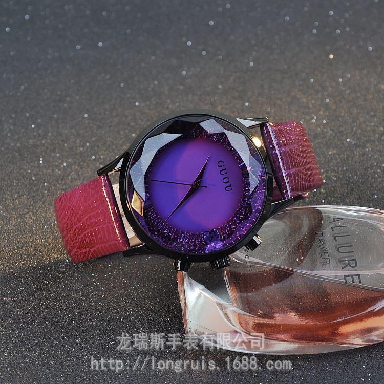 

Wristwatches Fashion Hk Guou Brand Quartz Lady Watch Rhinestone Waterproof Women's Genuine Leather Upscale Large Dial Luxury Gift Wristw, Red