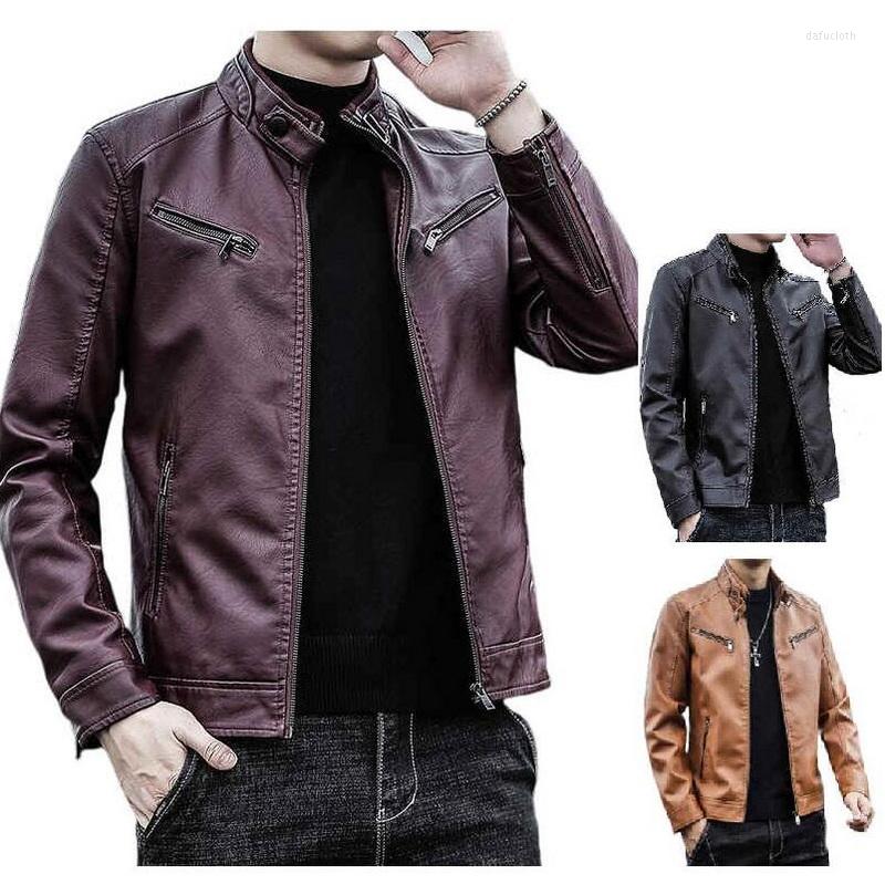 

Men's Fur Men Pu Leather Jacket Youth Stand-Up Collar Clothes Multiple Zippers Outwear, Thin red