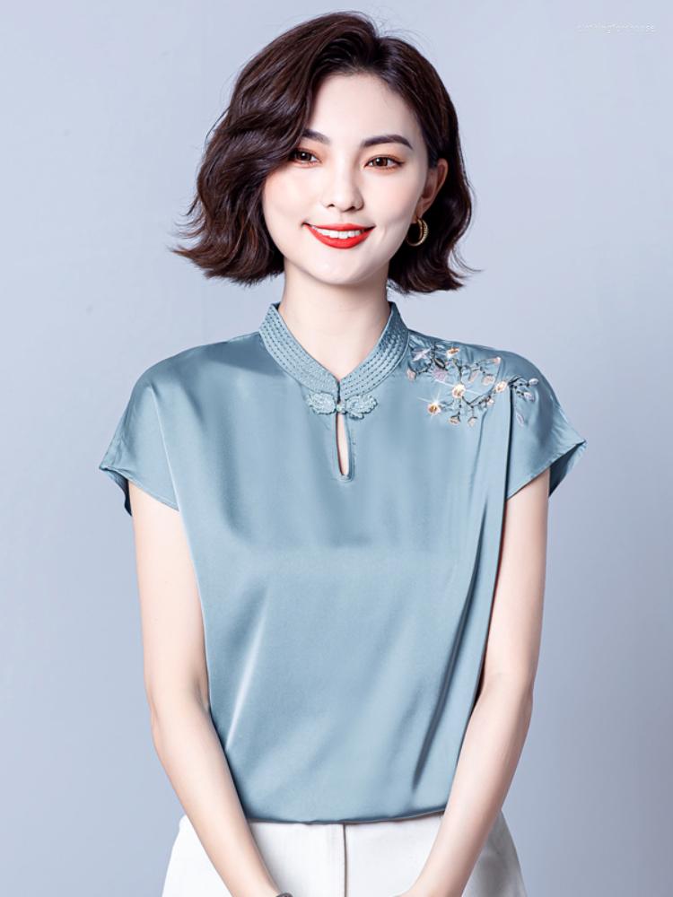 

Women's Blouses Summer Women V-Neck Embroidery Chiffon Shirts Solid OL Womans Tops Fashion Clothes Woman 2023 Ladies Top, Blue