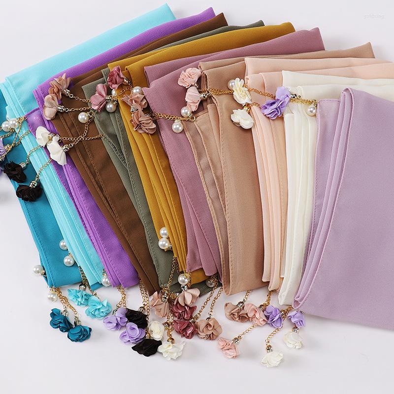 

Ethnic Clothing 70 175CM Muslim Chiffon Hijab Shawls Scarf Women Solid Color Head Wraps Pearl Jewelry Accessories Embellished