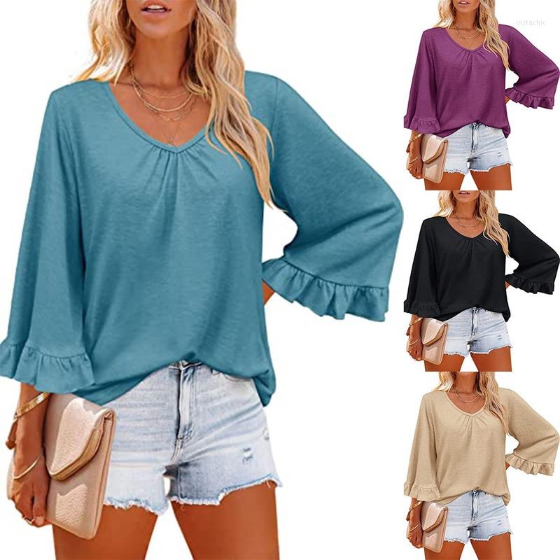 

Women's T Shirts 2023 V Neck Long Sleeved Tunic T-Shirt Women Clothing Solid Color Loose Pullovers Tops Tee Shirt Femme, Khaki