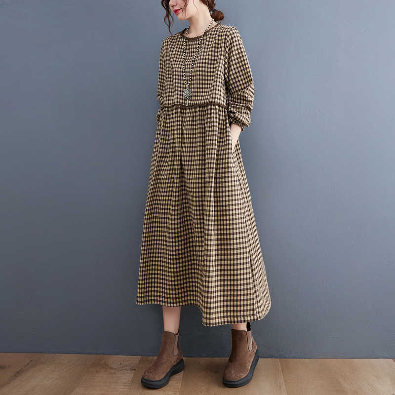

Casual Dresses 2023 New Fashion Plaid Patchwork Lace Long Sleeve Autumn Dress Cotton Linen Office Lady Work Dress Women Casual Spring Dress Z0216, Coffe