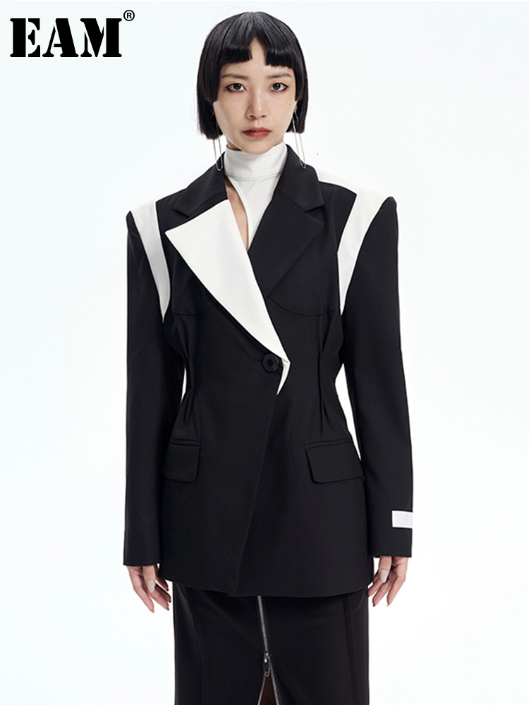 

Womens Suits Blazers EAM Women Black Colorblock Elegant Blazer Lapel Long Sleeve Loose Fit Jacket Fashion Spring Autumn 1DF0762 230216, Black8