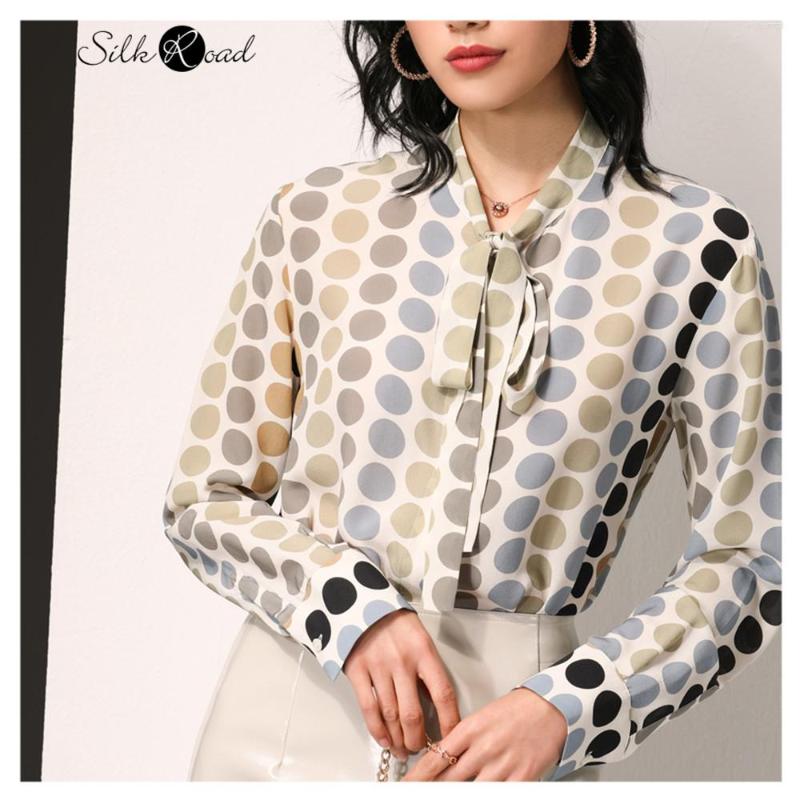 

Women's T Shirts Silviye Colorful Polka Dot Printed Silk Shirt Women's Mulberry Top Fashion Party With Spring Clothing, Beige printing