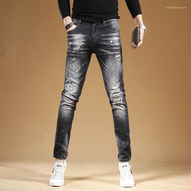 

Men's Jeans Autumn Men Black Ripped Fashion Little Dots Printed Slim Fit Denim Pants