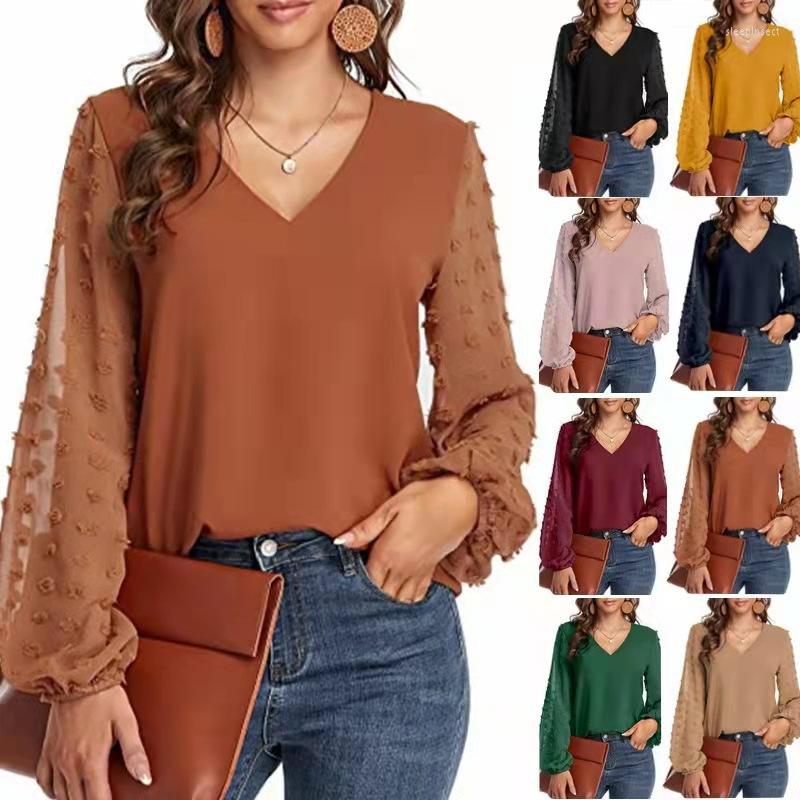 

Women' Blouses 2023 Spring And Summer Women' V-neck Chiffon Shirt Jacquard Stitching Long-sleeved Top