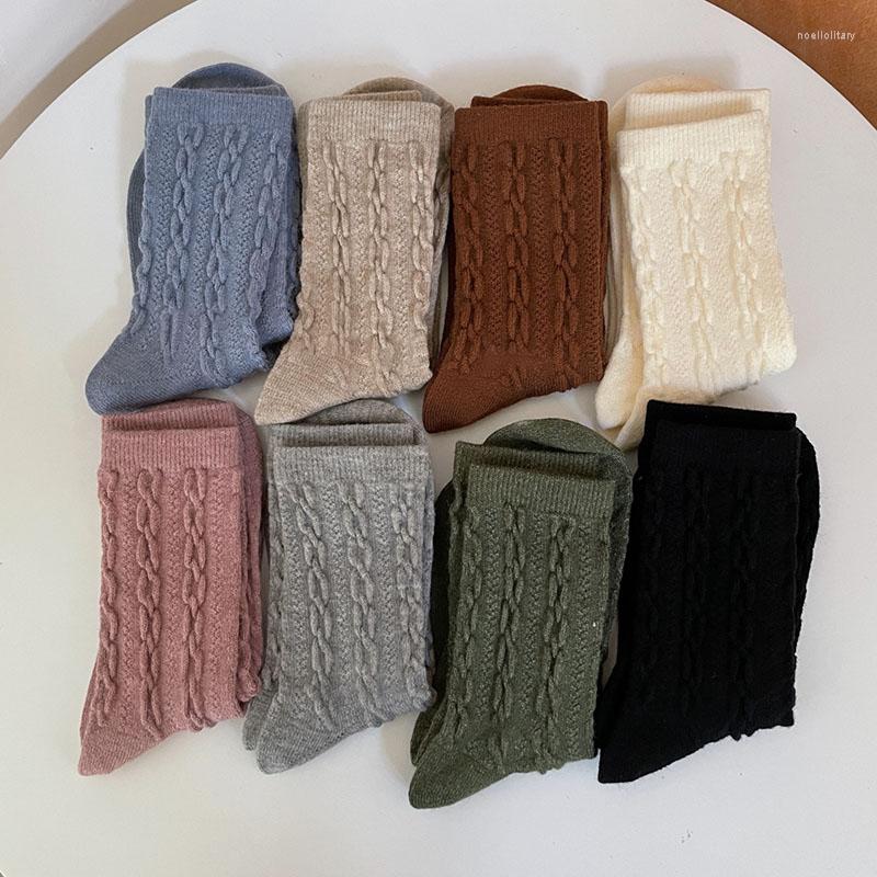 

Women Socks 1Pair Twist Pattern Keep Warm Wool Pure Color Thickening Japanese Style Middle Tube Stocking, Burnt tea color