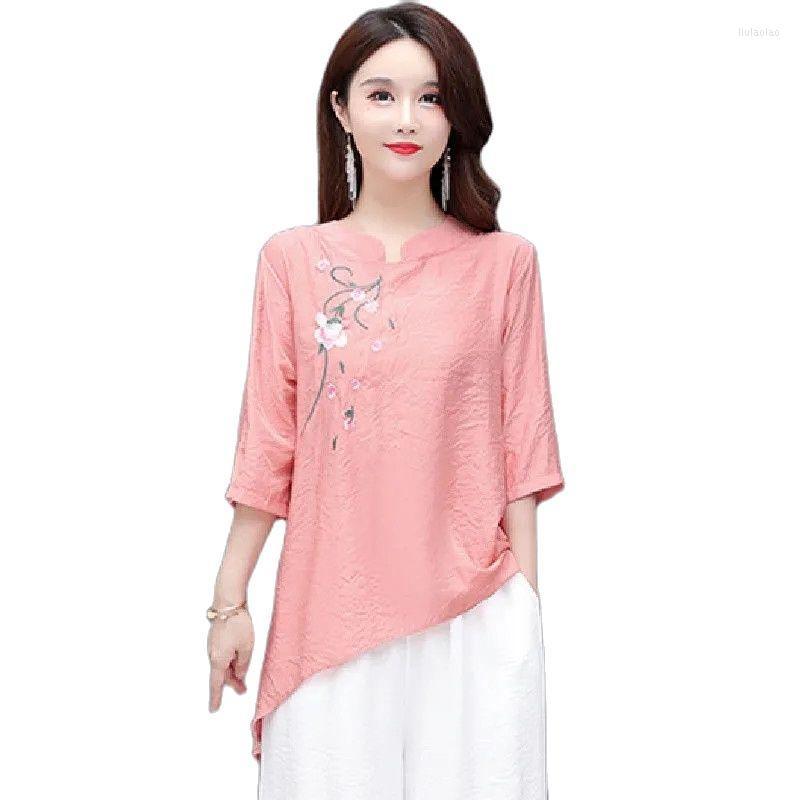 

Women's Blouses Cotton And Linen Embroidered Blouse 2023 Summer Fashion Loose Women's Shirt Cover Belly Age Reduction High End Mother, Pink