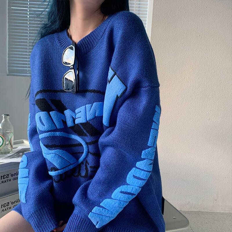 

Women  Sweaters Arrival Autumn Winter Korean Style Women Casual Loose Long Sleeve O neck Pullover Letter Print Cotton P159 230217, Blue
