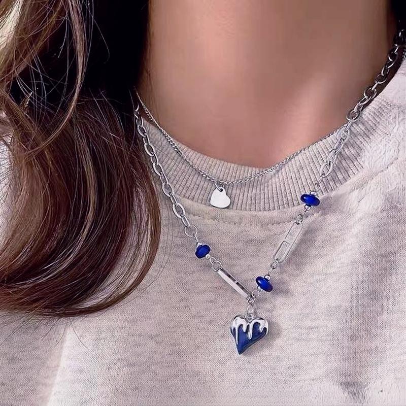 

Pendant Necklaces Punk Blue Heart For Women Girl Simple Double Layer Metal Love Choker Chain Necklace Fashion Hip Hop Jewelry