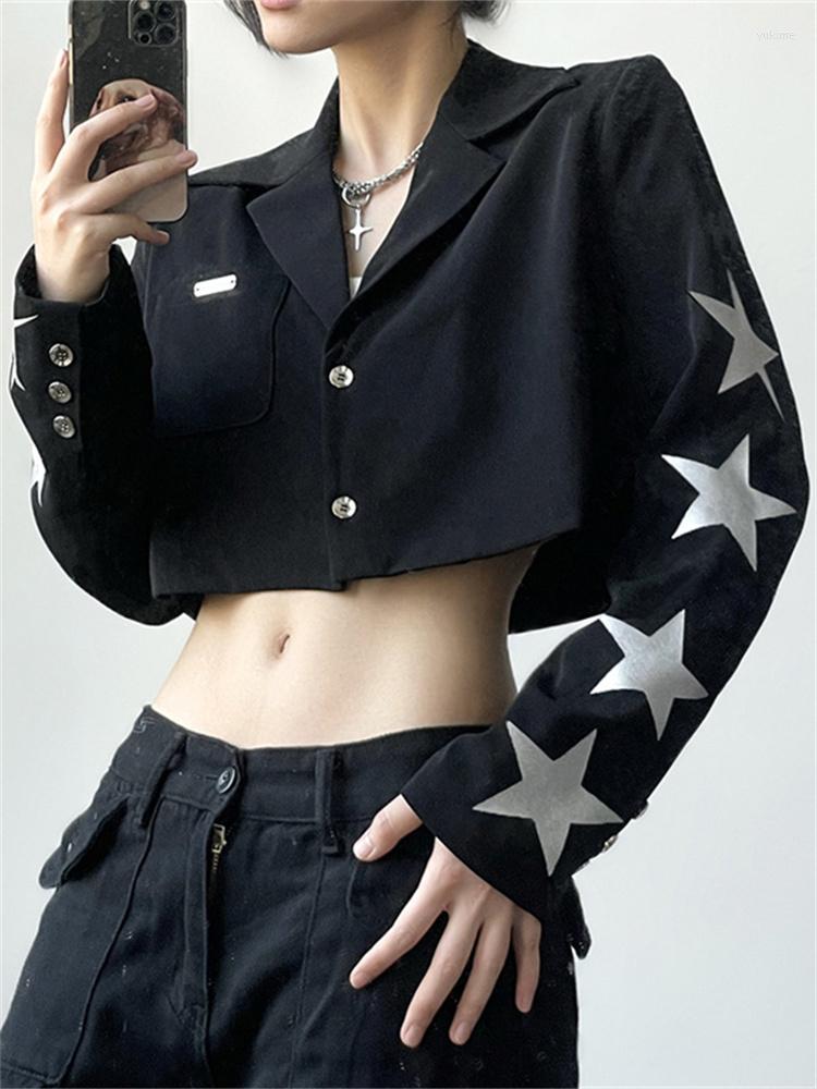 

Women's Jackets 2023 Fashion Star Printed Women Blazer Crop Tops Long Sleeve Lapel Outerwear Autumn Y2K Gothic Jacket Coat Female Harajuku, Black