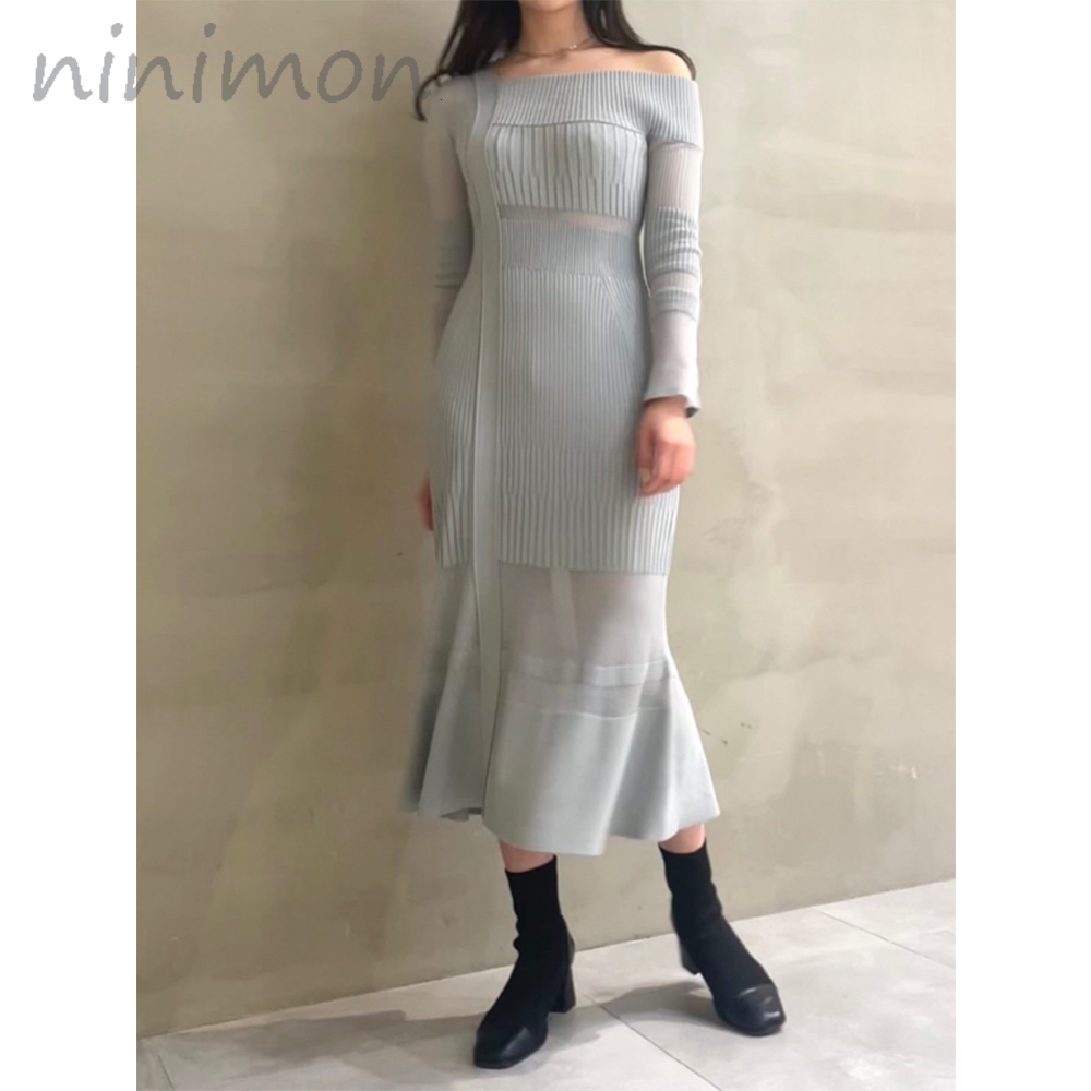 

Casual Dresses NINIMON Asymmetric Strapless Knitted Dress Sexy Transparent Chiffon Patchwork Solid Elastic High Waist Mermaid Hems Dres 230216, Black