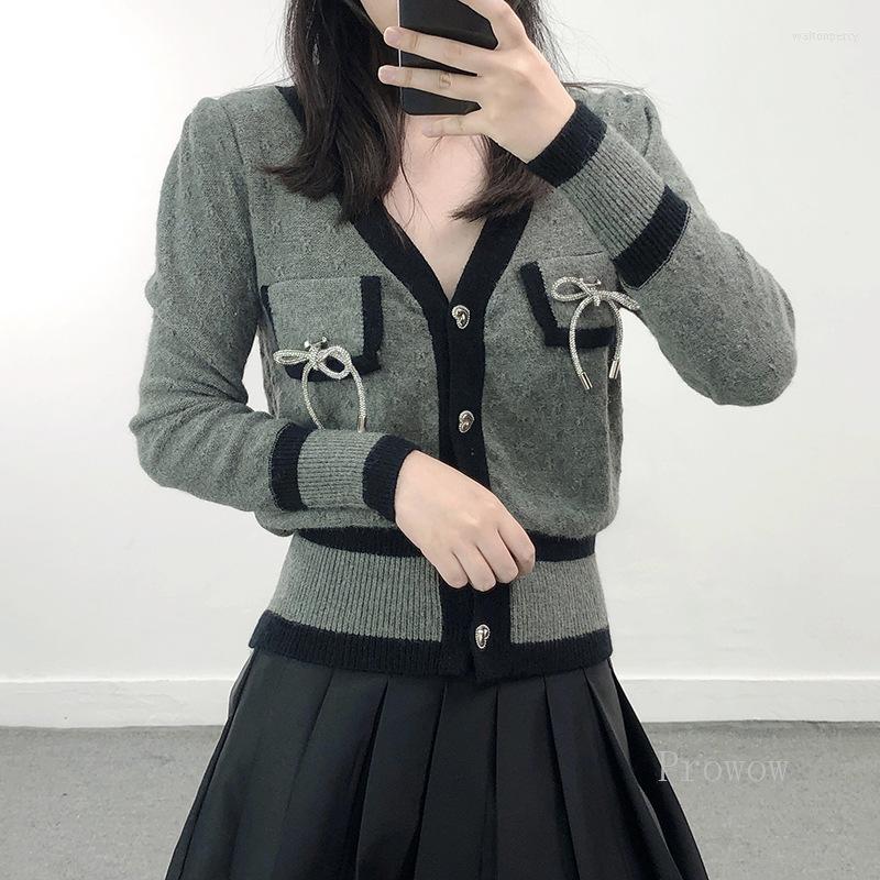 

Women' Knits Ladies Gray Cardigan Elegant Women Knitted With Contrast Trim Bow Pockets 2023 Autumn V-neck Sweater, Black