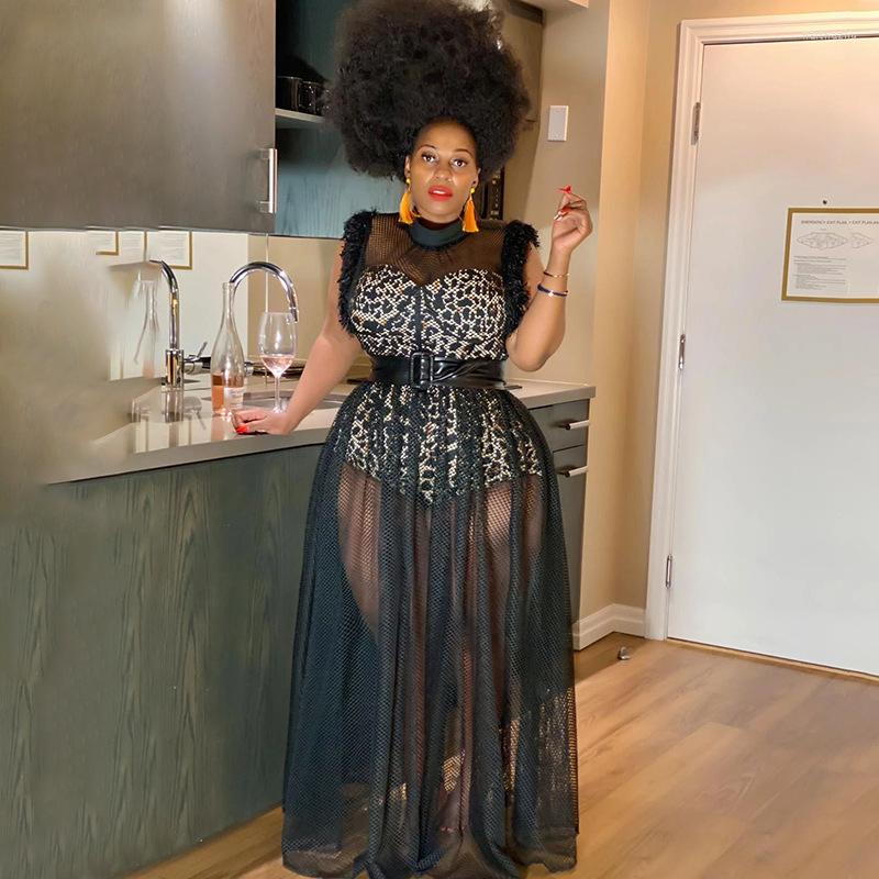 

Plus Size Dresses Summer Dress Women Mesh With Leopard Lining Transparent Club Party Sexy Maxi Wholesale Drop, Black
