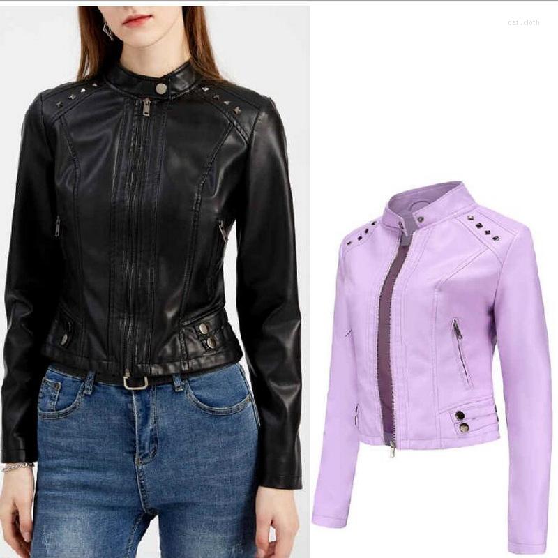 

Women's Leather Rivet Short Jackets Women Spring Autumn Long Sleeve Women's PU Coat Thin Fashion Slim Street Coats, Burgundy