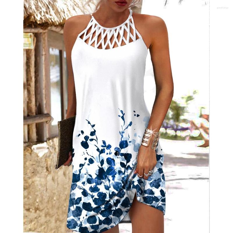 

Casual Dresses Summer Women Sleeveless Floral Print Hollow Out Dress 2023 Sexy Femme O-Neck Mini Robe Outfits Street Wear Clothing, White
