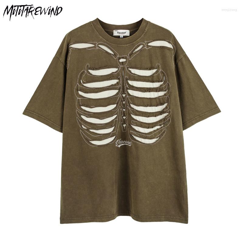 

Men's T Shirts Hole Hollow Skull Skeleton Short-sleeved T-shirts Men High Street Niche Oversized Old Washed Half-sleeved Top Summer 2023, Black
